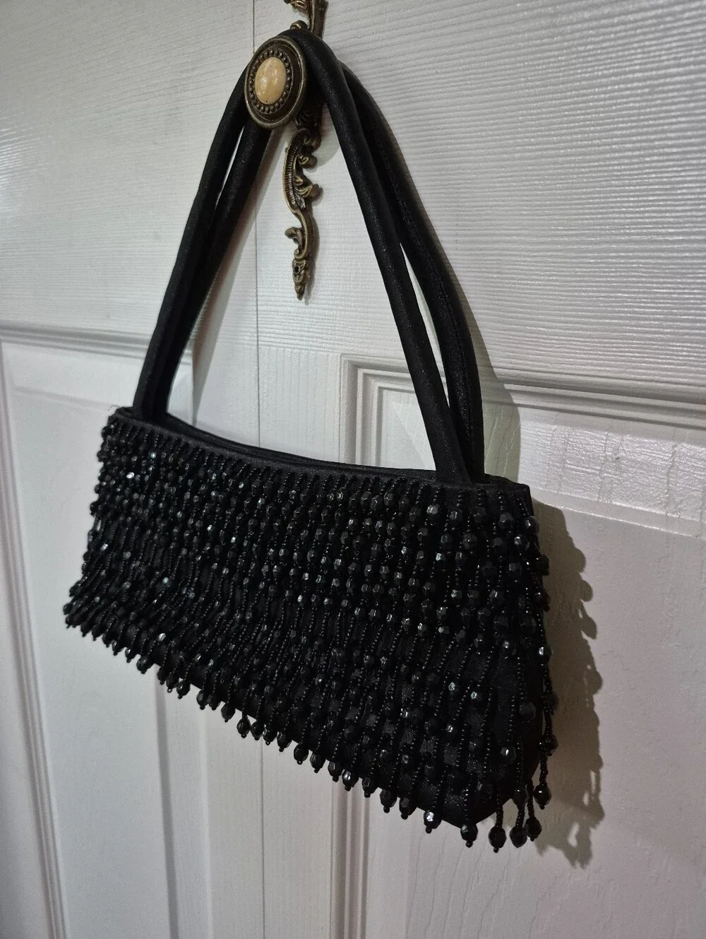 Black beaded satin evening purse